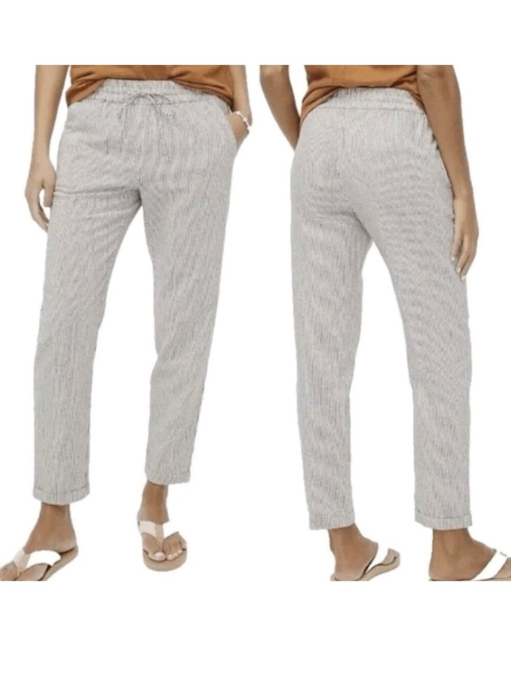 J. Crew Women's Elastic-Waist Striped Cuffed Ankle Pants - Linen/Cotton Size 10